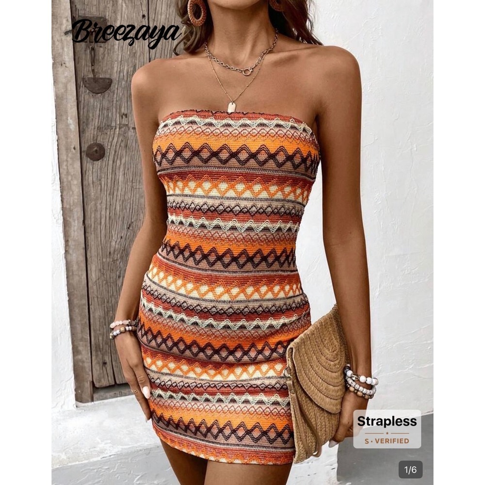Strapless Bodycon Mini Dress Beach Vacay Boho Large
